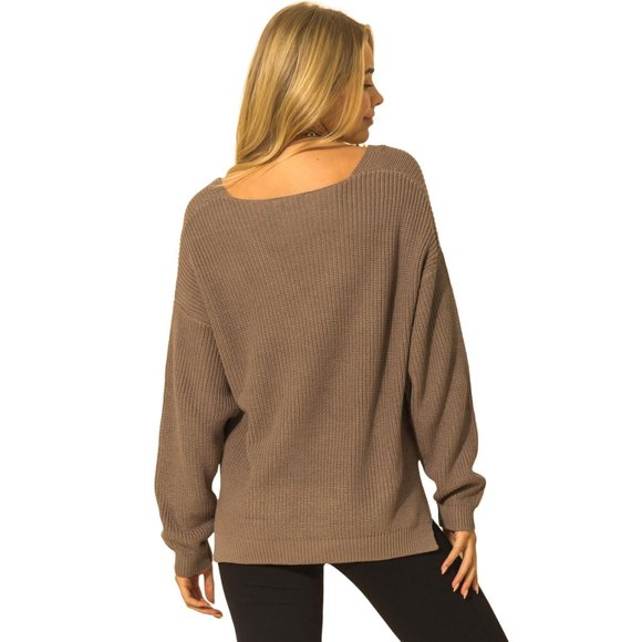 DOUBLE ZERO SMOKEY BROWN WOMENS LOOSE FIT V NECK SWEATER - NWT - SZ: S/M/L - Picture 3 of 9